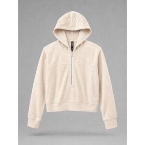 Vuori Ribbed Haven Half Zip Hoodie Suede Cream Crop Plush Velour Small NWOT